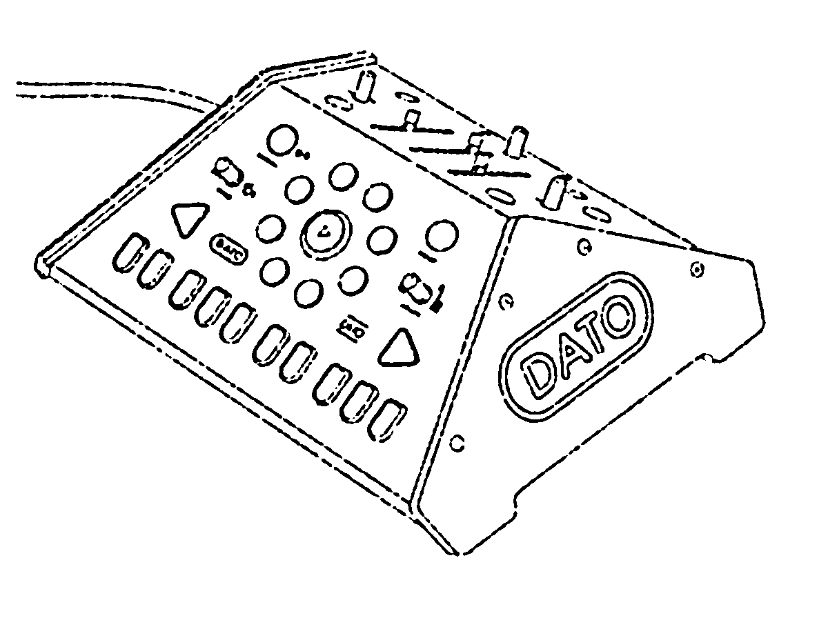 Line-art illustration of the Dato DUO synthesizer from above, showing its keyboard, knobs, switches, and DATO logo.